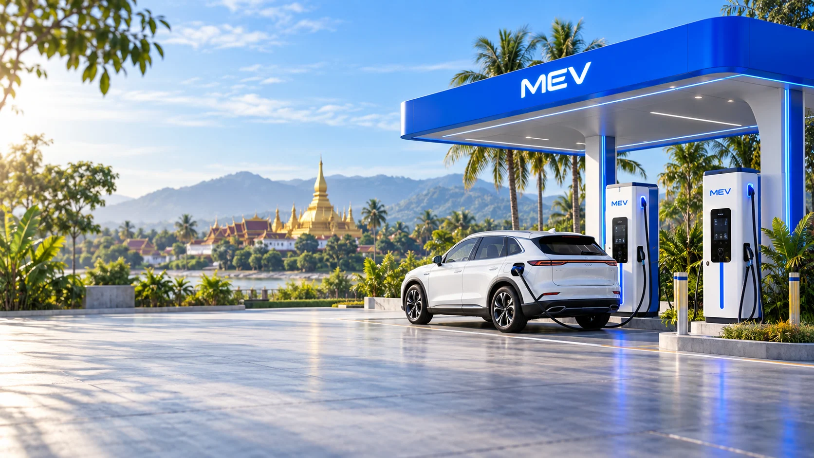 MEV charging station, electric SUV and Lao temple